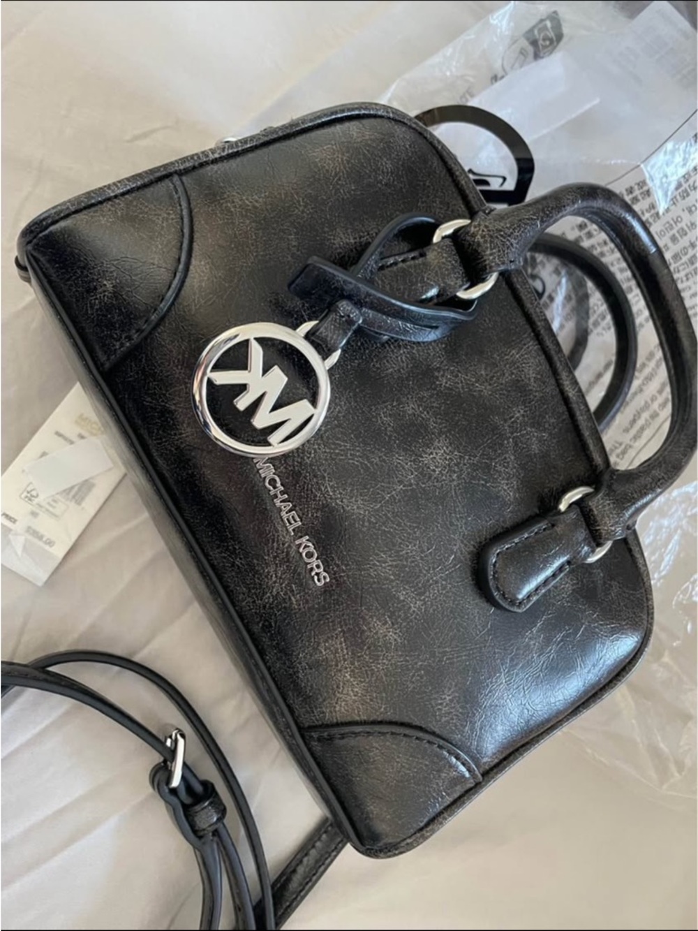 Michael Kors Black Leather Satchel with Silver MK Charm